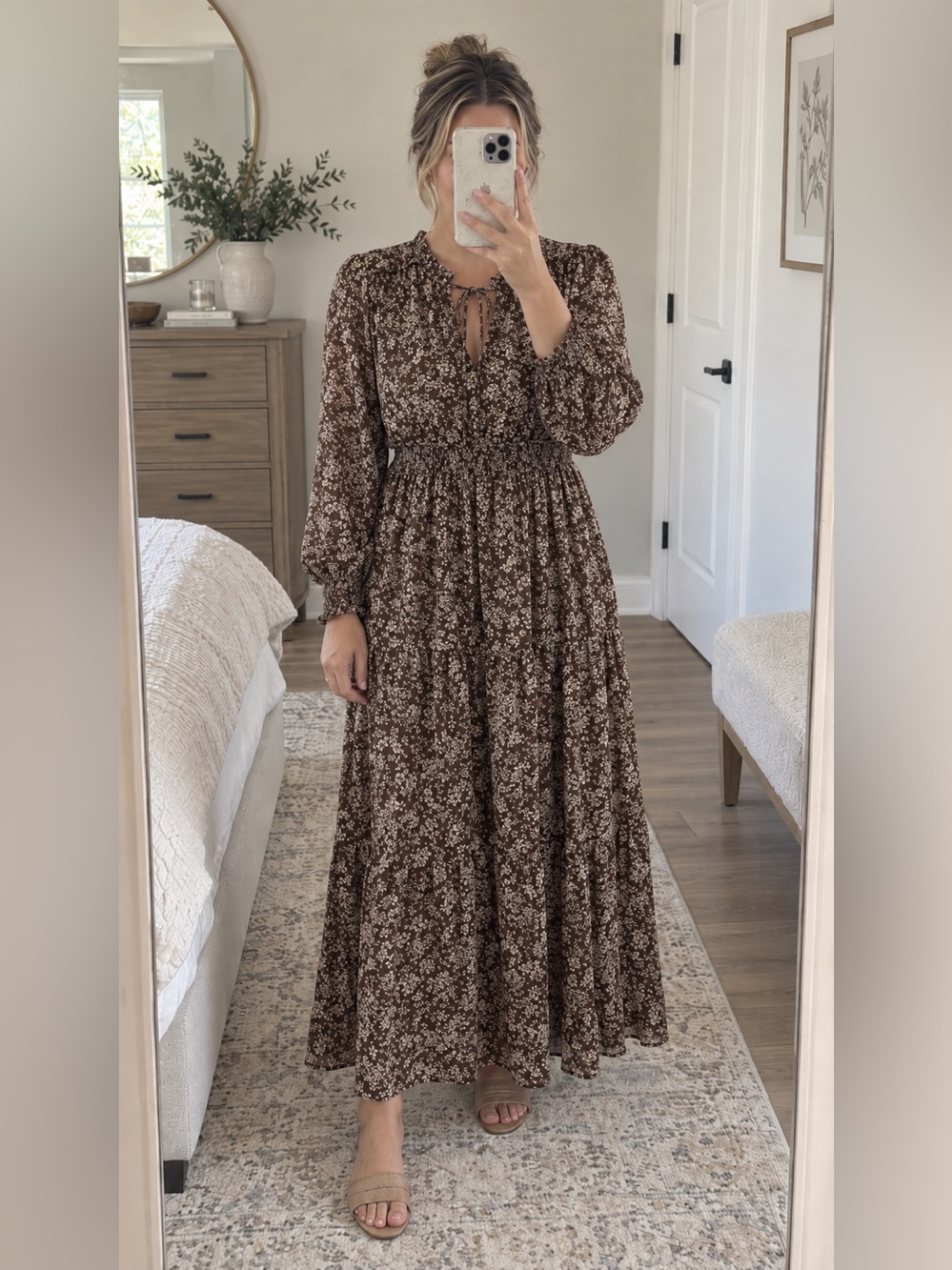 Women's Brown Floral Long-Sleeve Smocked Waist Dress